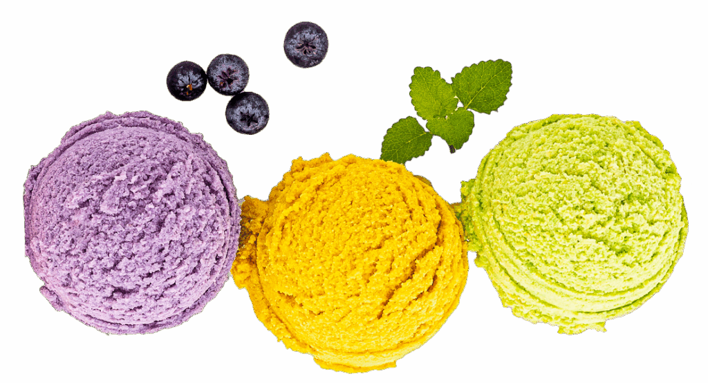 FoodRGB application photography with ice cream and blueberries and stevia leaf