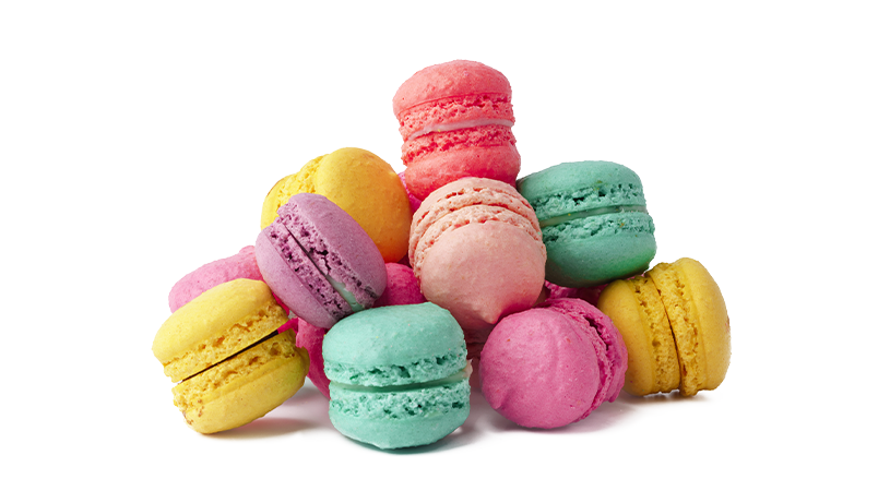 FoodRGB application photography for baked goods including macarons in pink, red, blue, purple and yellow 