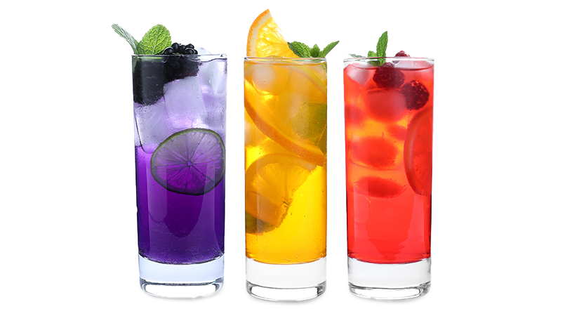 FoodRGB Natural food color application photography for beverages including  mocktails,using purple, yellow and red natural food color