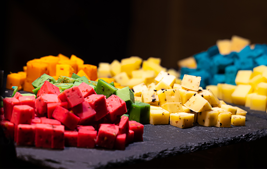 FoodRGB Natural food color application for dairy including cheese using orange, yellow, blue red, and green natural food color