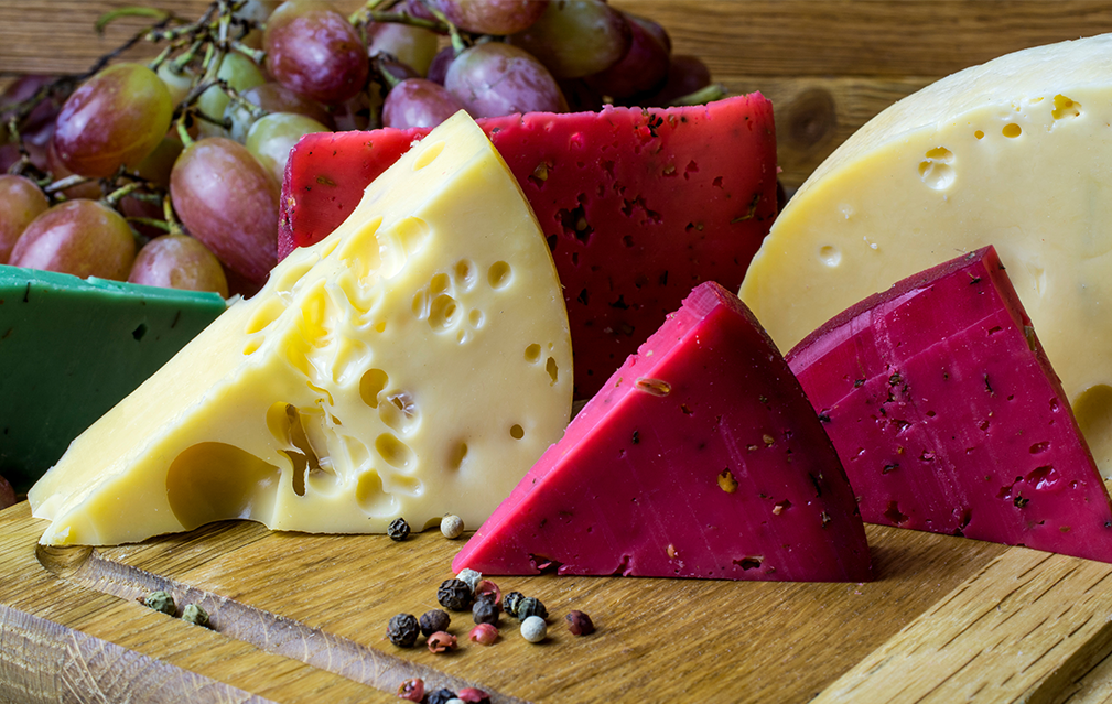 FoodRGB Natural food color application for dairy including cheese using yellow, green and purple natural food color 