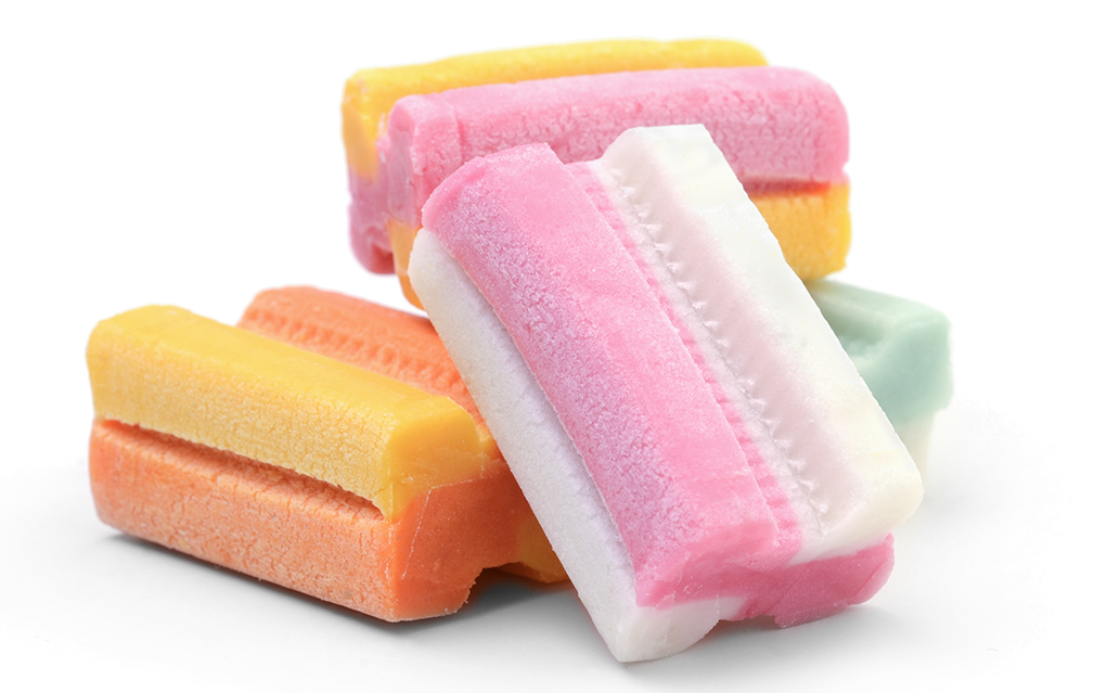 FoodRGB Natural food color application photography for confectionery gum in pink, orange, yellow