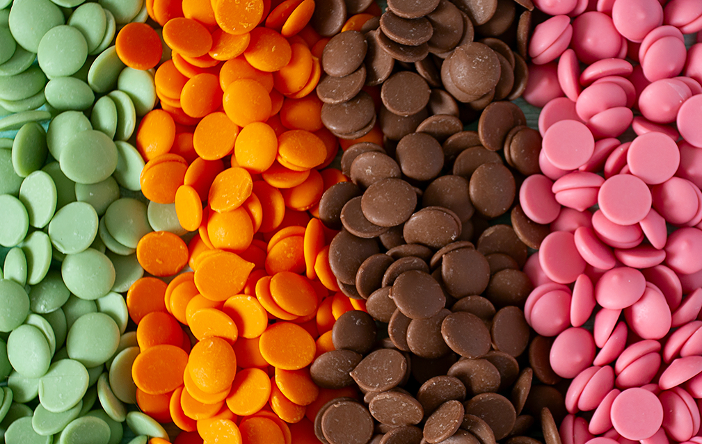FoodRGB Natural food color application photography for confectionery chocolate pink, black, green and orange