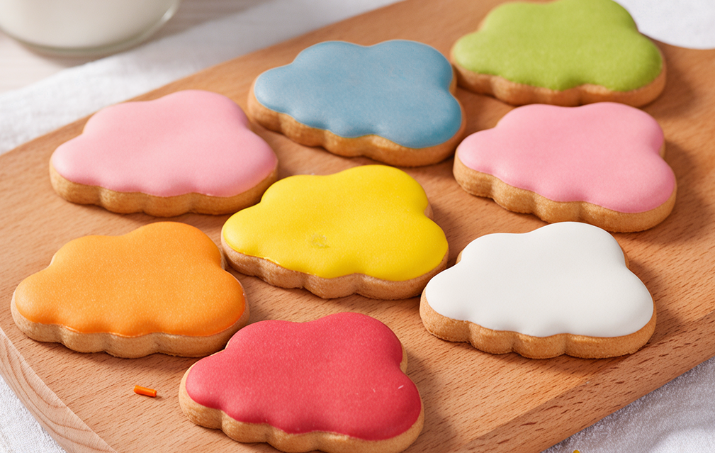 FoodRGB Natural food color application for baked goods including cookies using red, blue, green, pink, orange and yellow natural food color