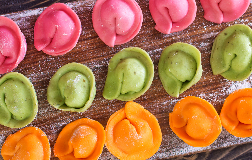 FoodRGB Natural food color application photography for dumplings, orange, green, purple.