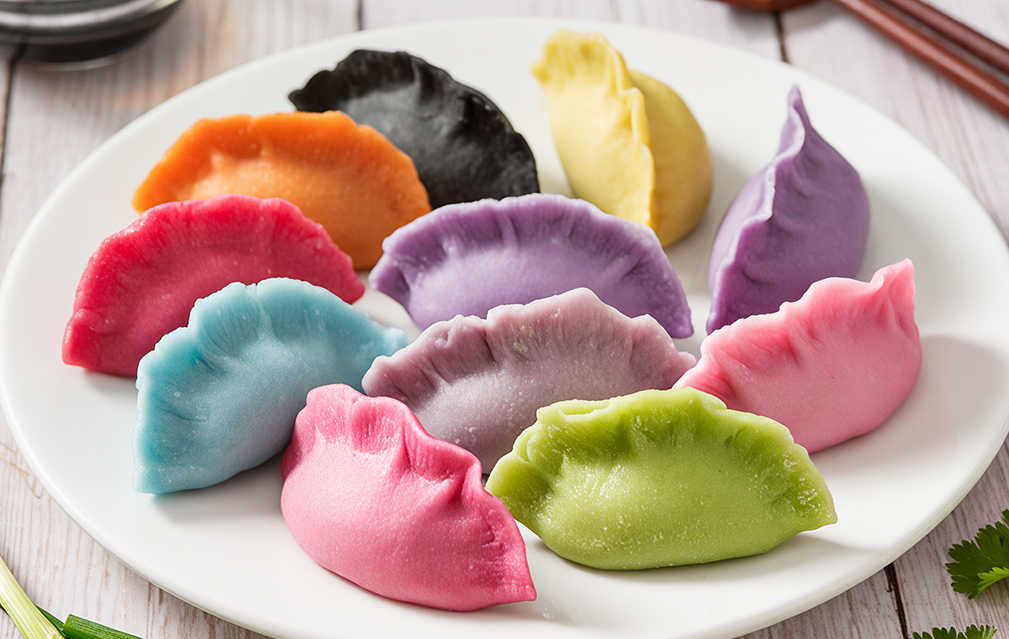 FoodRGB Natural food color application photography for dumplings, orange, green, purple, blue, black.