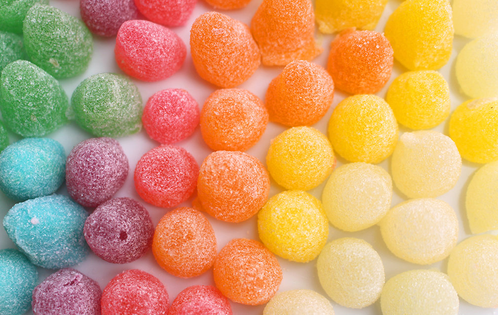 FoodRGB Natural food color application photography for confectionery gummies green, blue, red, purple, yellow