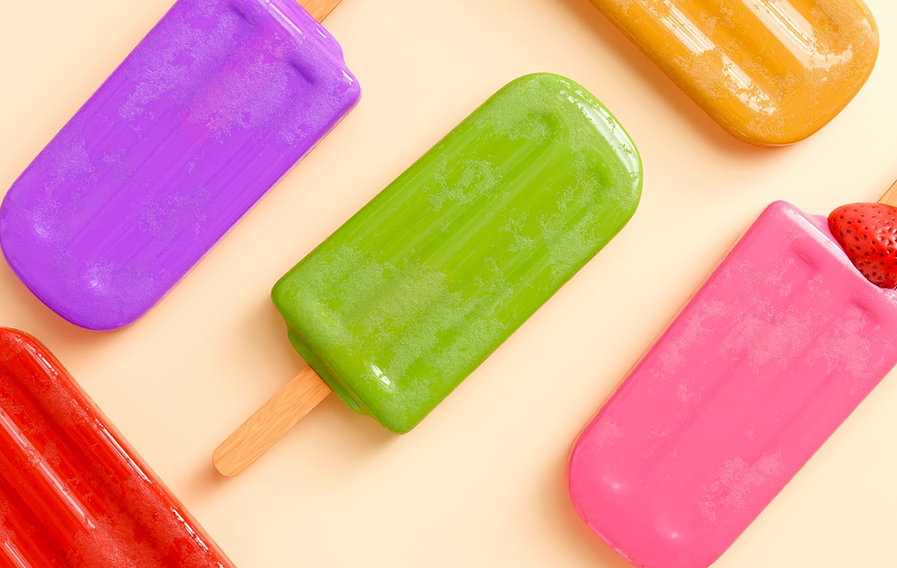 FoodRGB Natural food color application photography for confectionery ice pops green, pink, orange, and purple