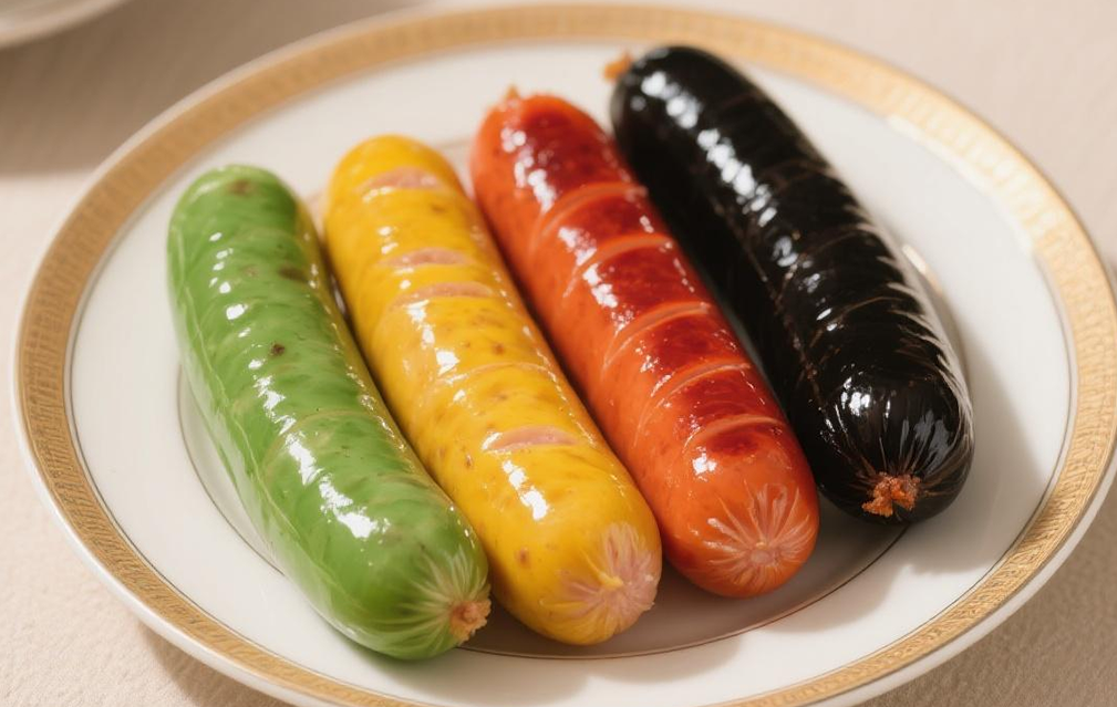 FoodRGB Natural food color application photography for meat and poultry sausage red, yellow, green, black. 