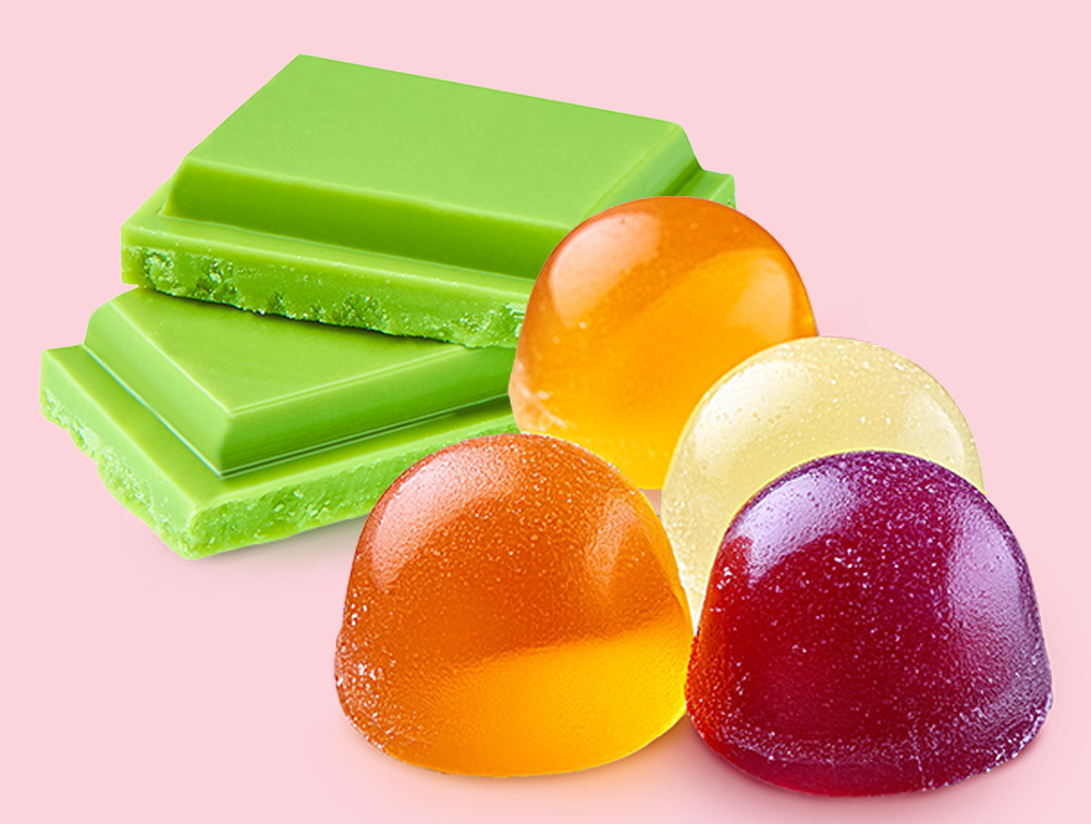 FoodRGB application photography for confectionery including chocolate in green and gummies in yellow, orange,  and red