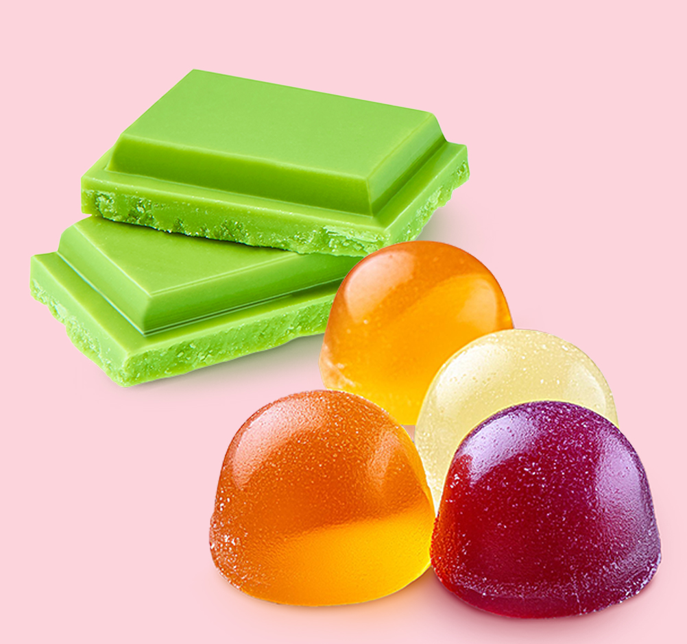 FoodRGB application photography for confectionery including chocolate in green and gummies in yellow, orange,  and red