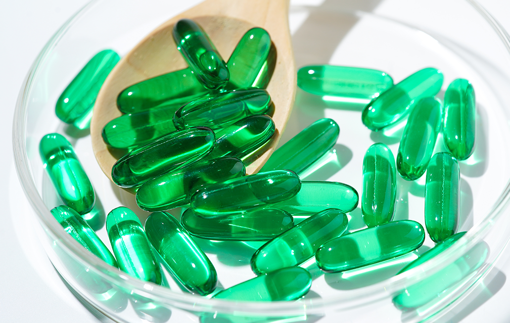 FoodRGB Natural food color application photography for nutraceuticals green capsules