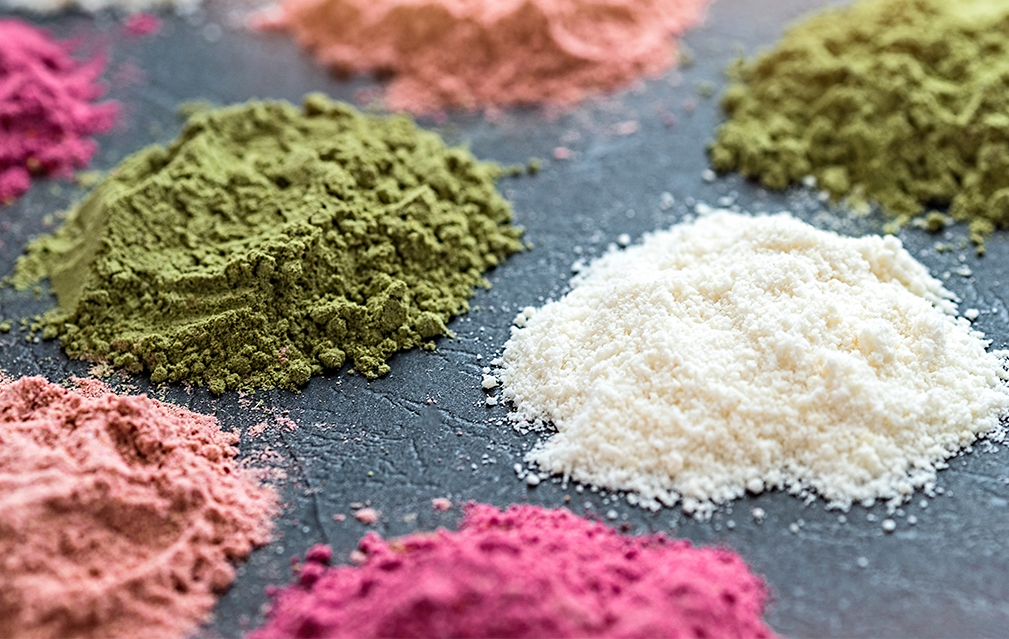 FoodRGB Natural food color application photography for plant based protein powder pink and green