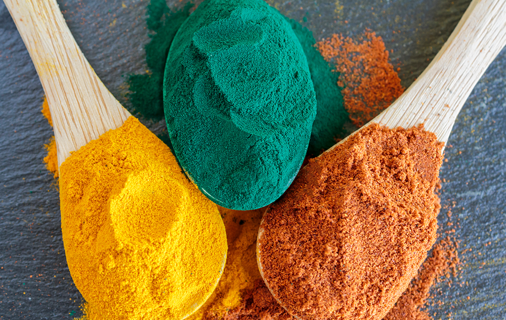 FoodRGB Natural food color application photography for plant based protein powder pink, green, and brown